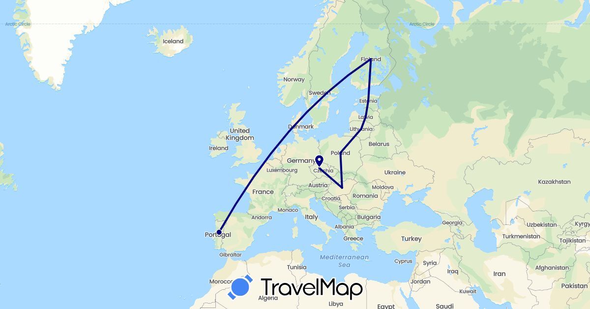 TravelMap itinerary: driving in Czech Republic, Estonia, Finland, Hungary, Lithuania, Latvia, Poland, Portugal (Europe)